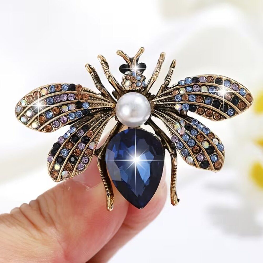 Bumble Bee Brooch Blue Lavender Rhinestone Iridescent  Vintage Inspired Antiqued